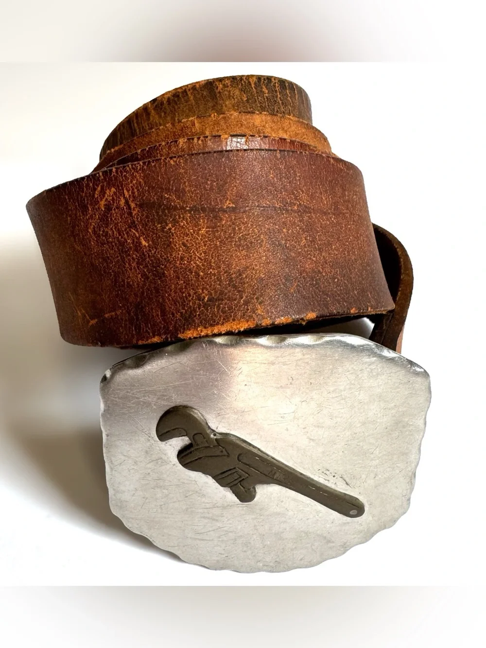 Vintage Handmade Wrench Buckle Distressed Leather Belt Pipefitter Workwear 42